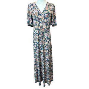 Boden Jersey Midi Tea Dress Green Paisley Stretch Size 6R Cottagecore Peasant